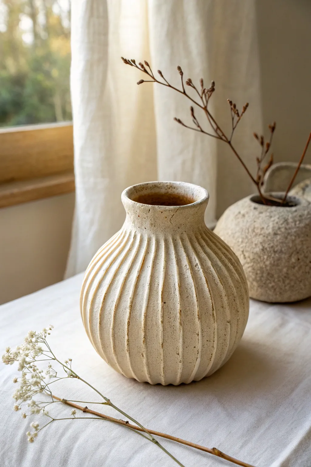 Elegant fluted pinch pot vase with thumb grooves and satin glaze for soft Scandinavian charm