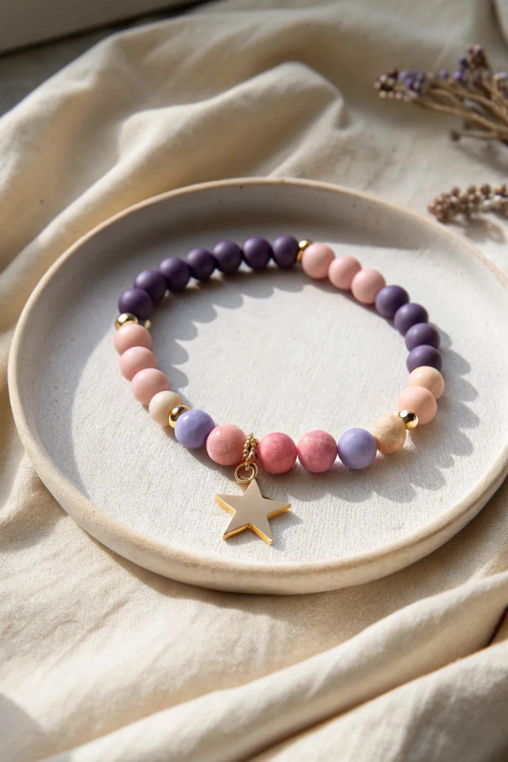 Star charm centerpiece bracelet with purple on one side and pink on the other, minimal and chic