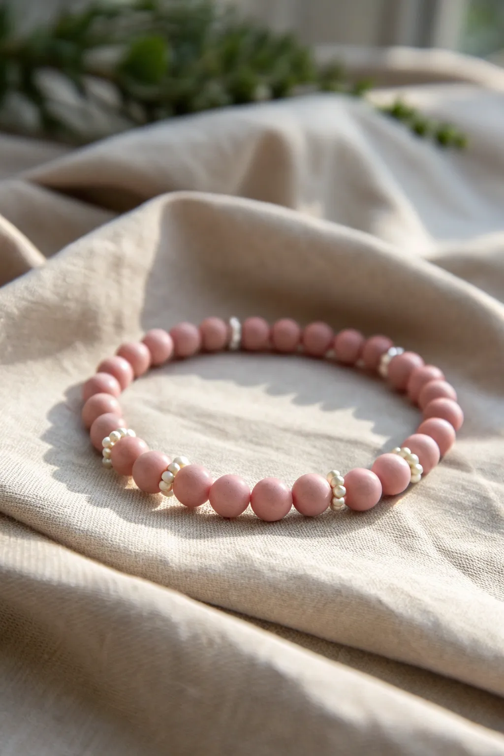 Soft pink clay beads meet tiny pearls for a dreamy, minimalist bracelet with gentle texture.