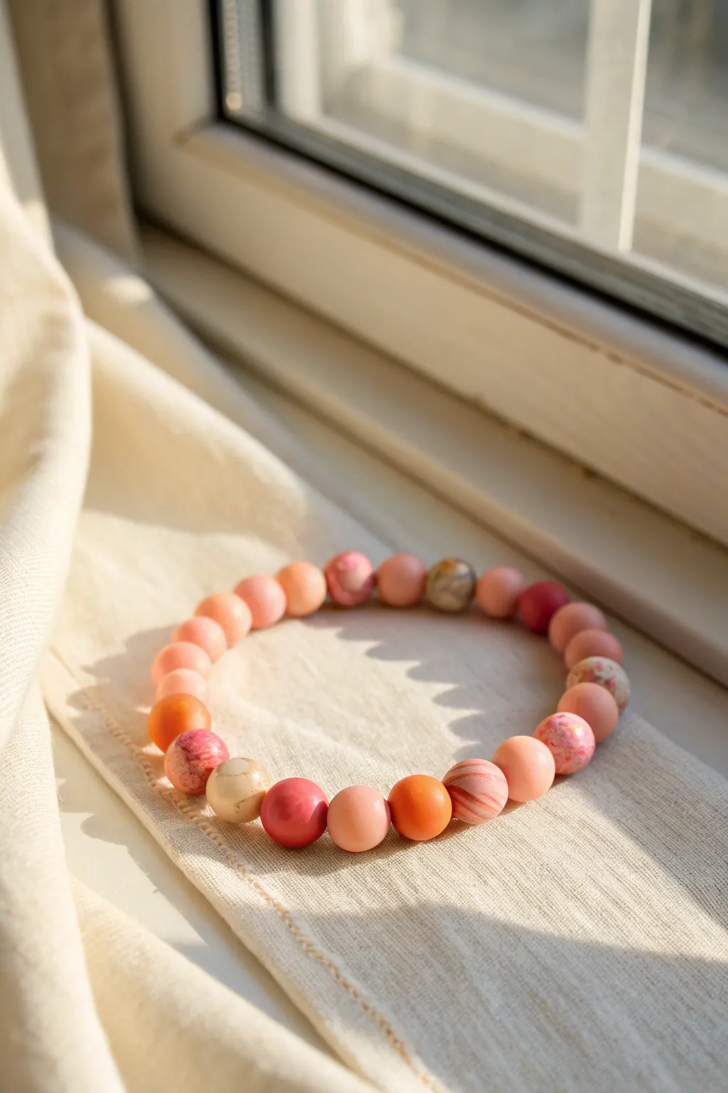 Sunset-inspired pink, peach, and coral clay bead bracelet styled in warm window light