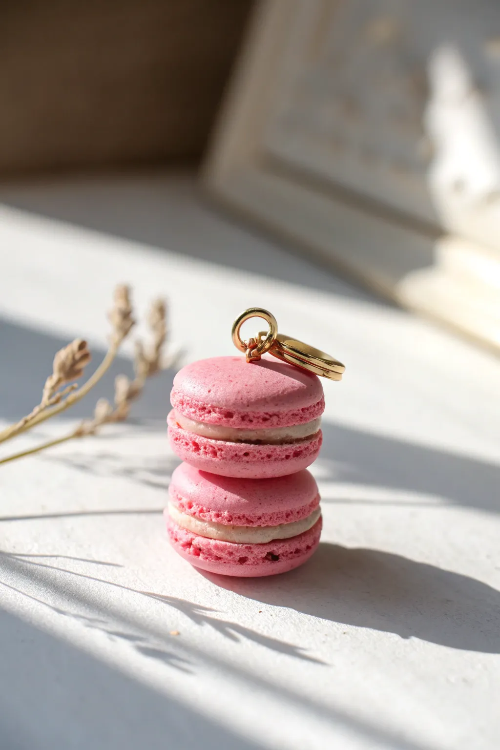 Sweet pink macaron stack pendant in polymer clay, minimalist boho charm with crisp detail.