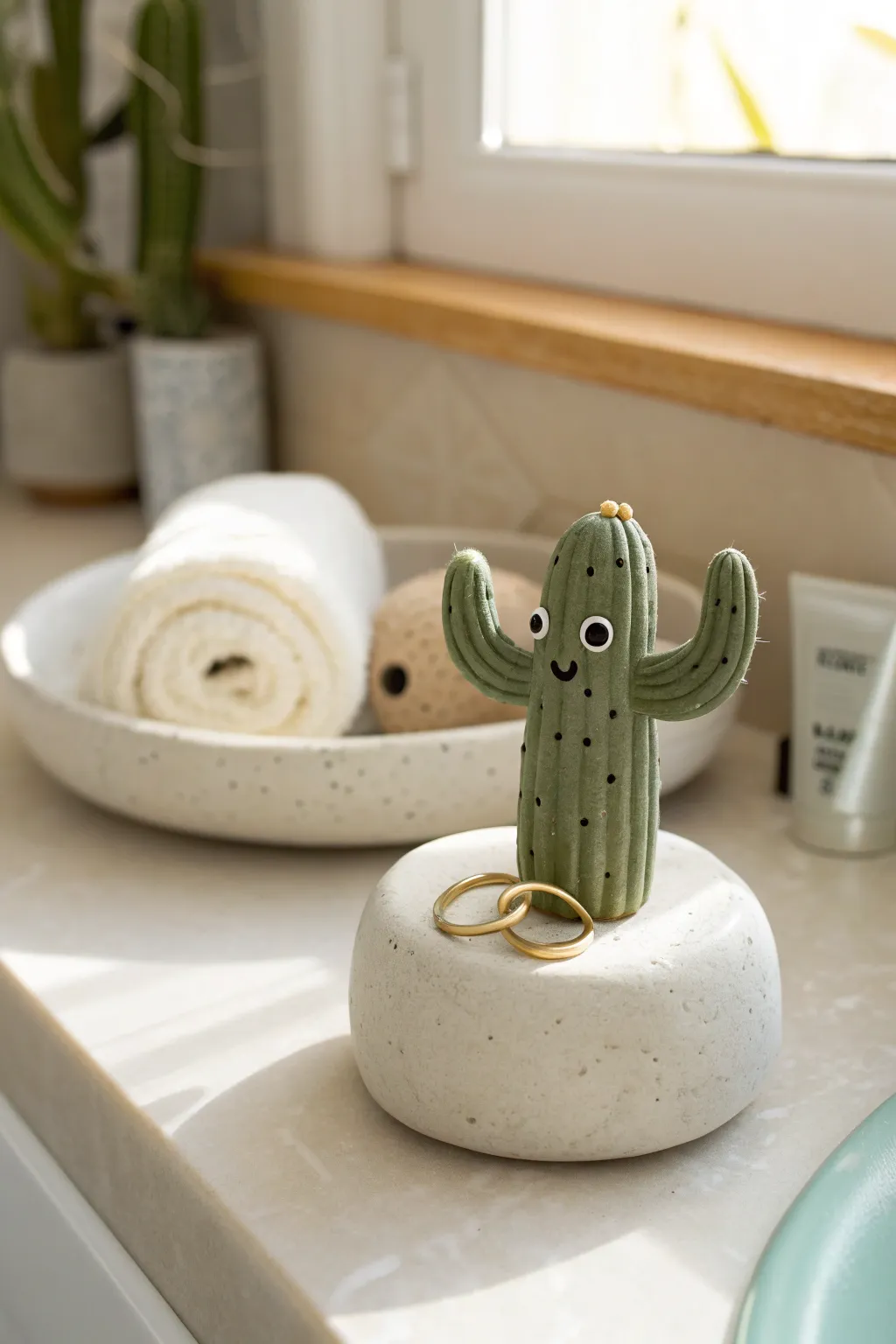Sweet plasticine cactus ring holder adds minimalist charm to a clean, spa-like counter.