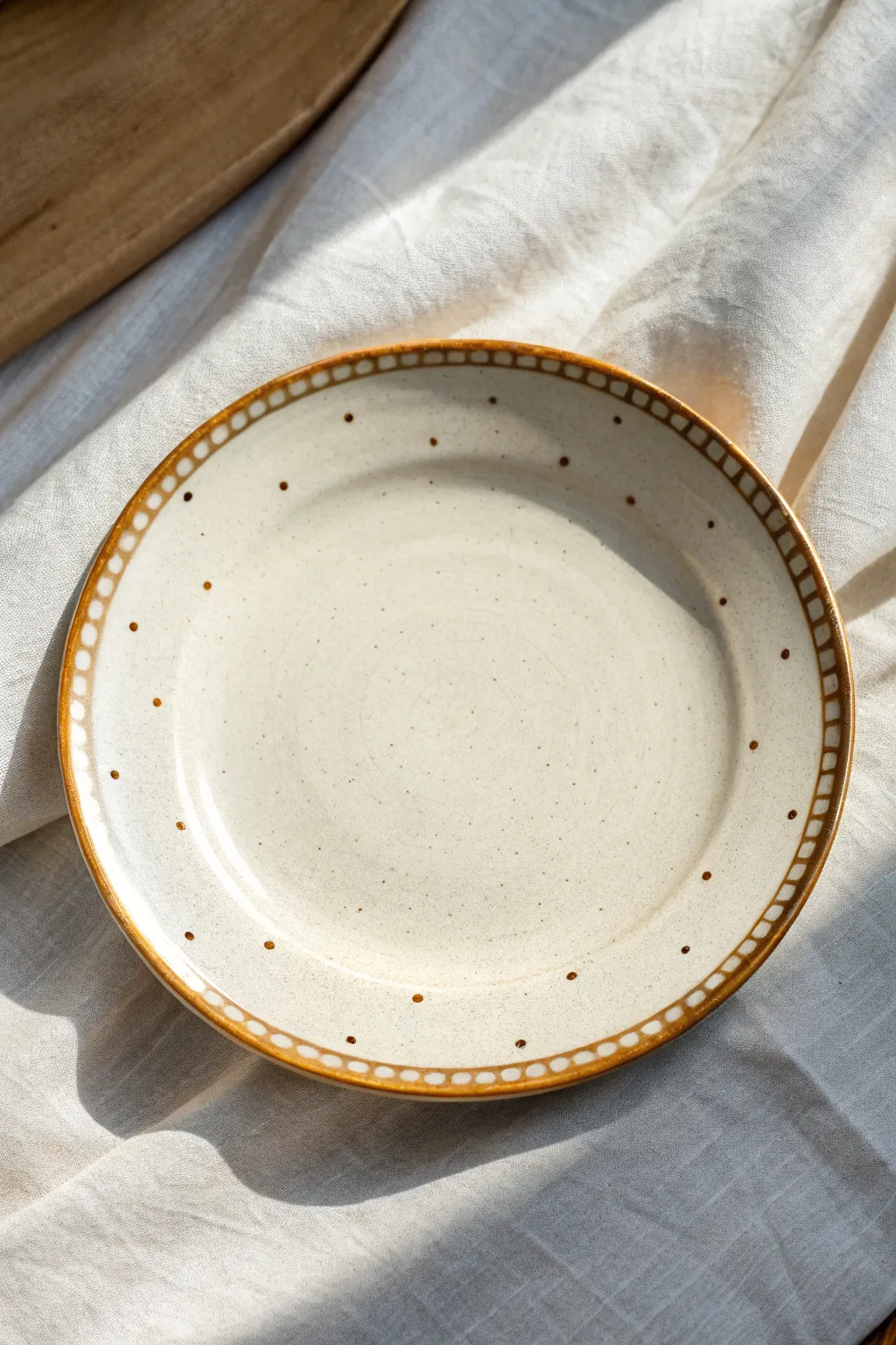 Minimal plate decor with a thin metallic rim and tiny highlights for an elegant handmade look.