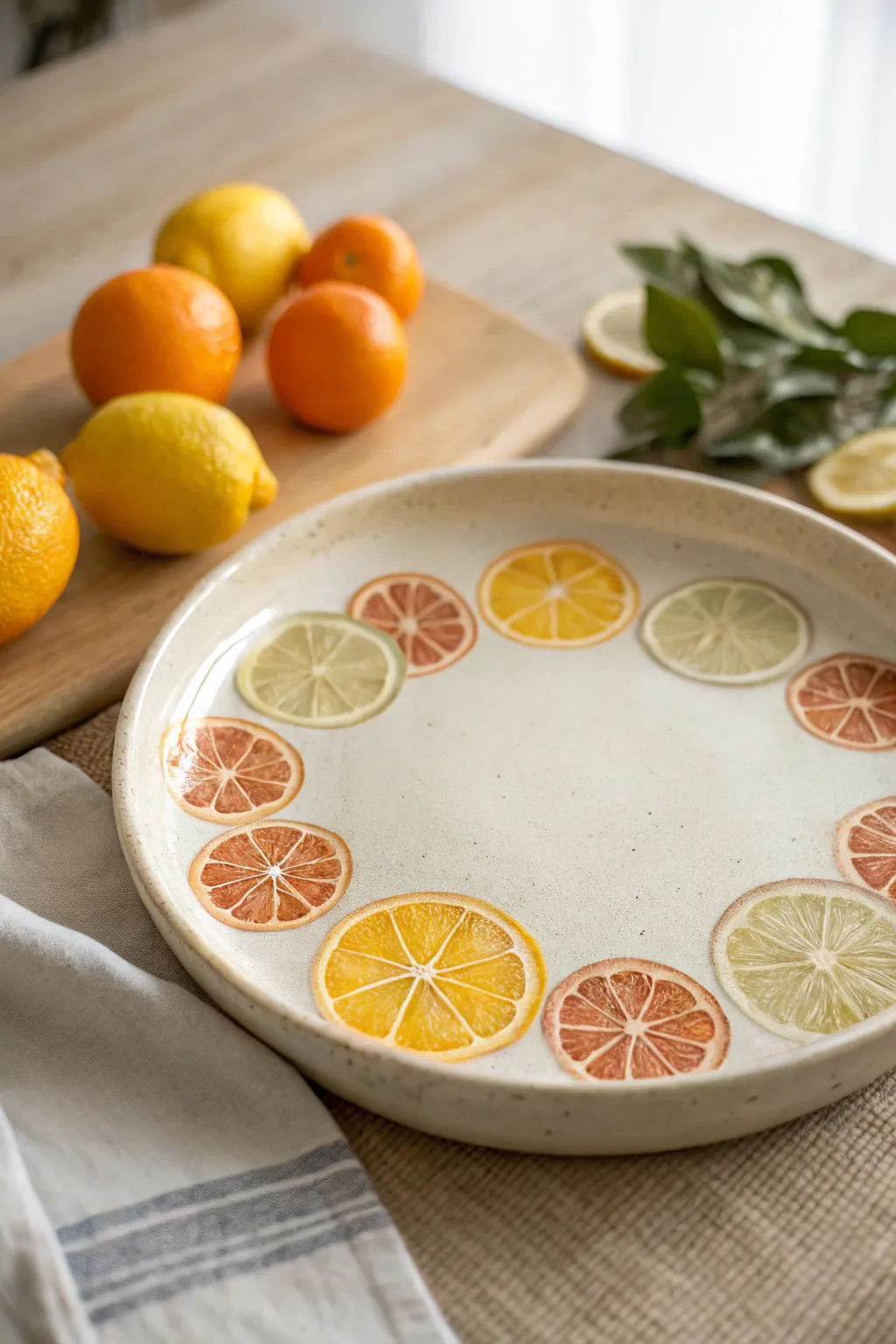 Cheerful citrus rim on a minimalist plate, an easy painting idea that perfectly fits the circle.