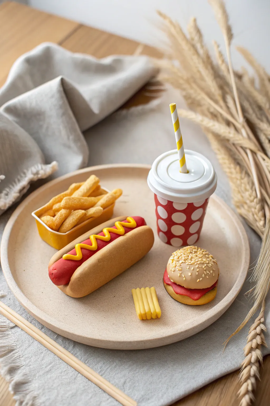 Play clay fast food trio in soft bright colors, a minimalist little diner set made for pretend play.