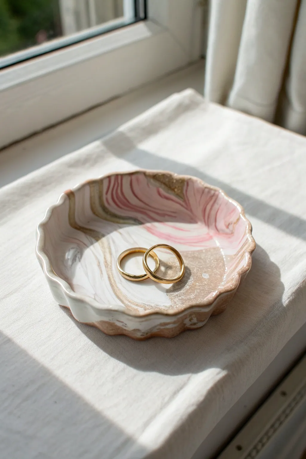 Soft marbled polymer clay ring dish with a minimal wavy rim, styled in airy Scandinavian light.