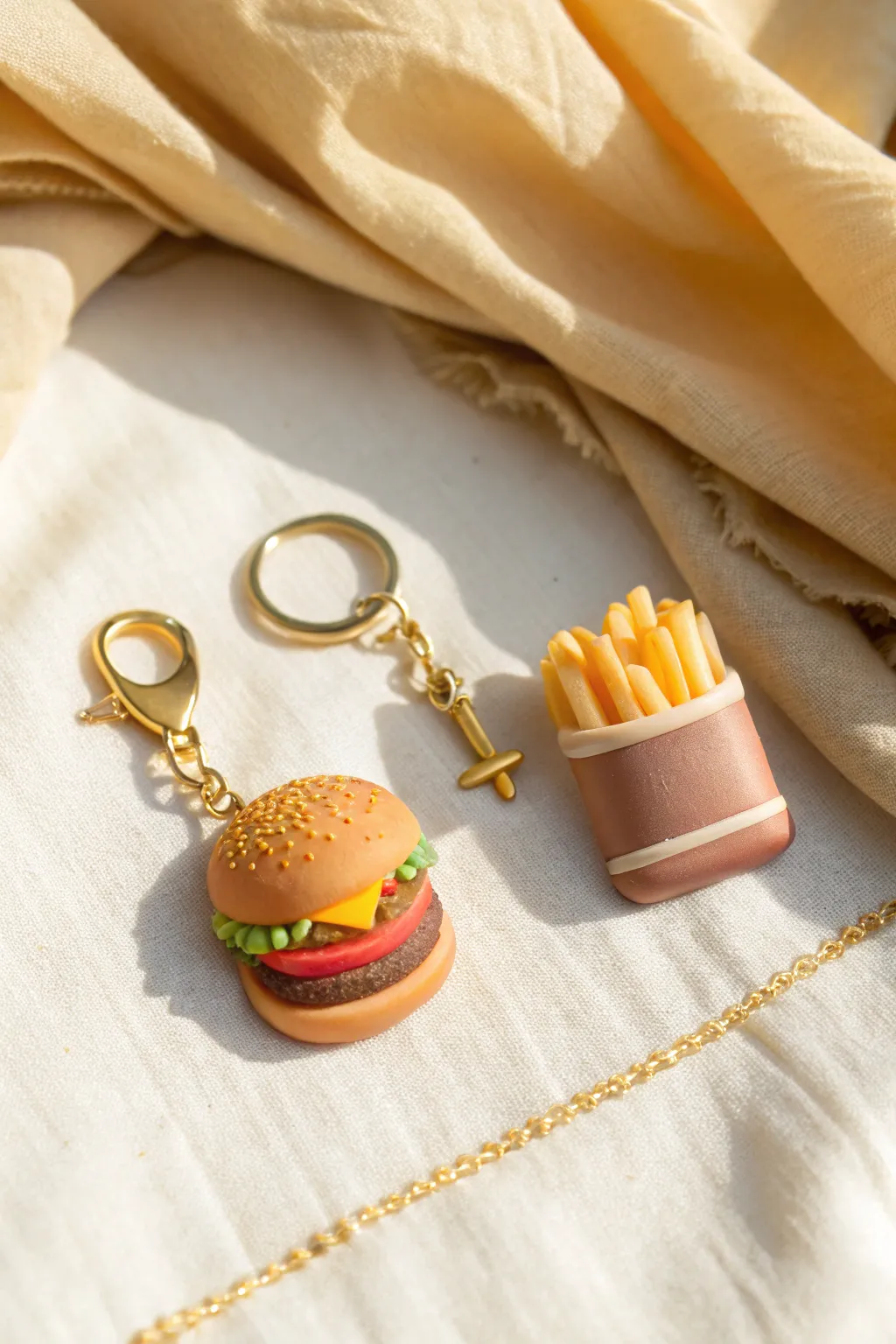 Cute polymer clay fries and burger best-friend keychain charm set in soft minimalist style