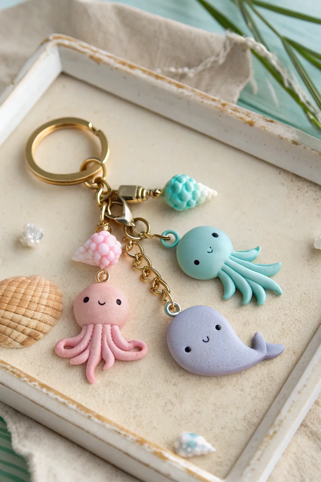 Pastel polymer clay sea creature bag charm set for a soft coastal, minimalist vibe.
