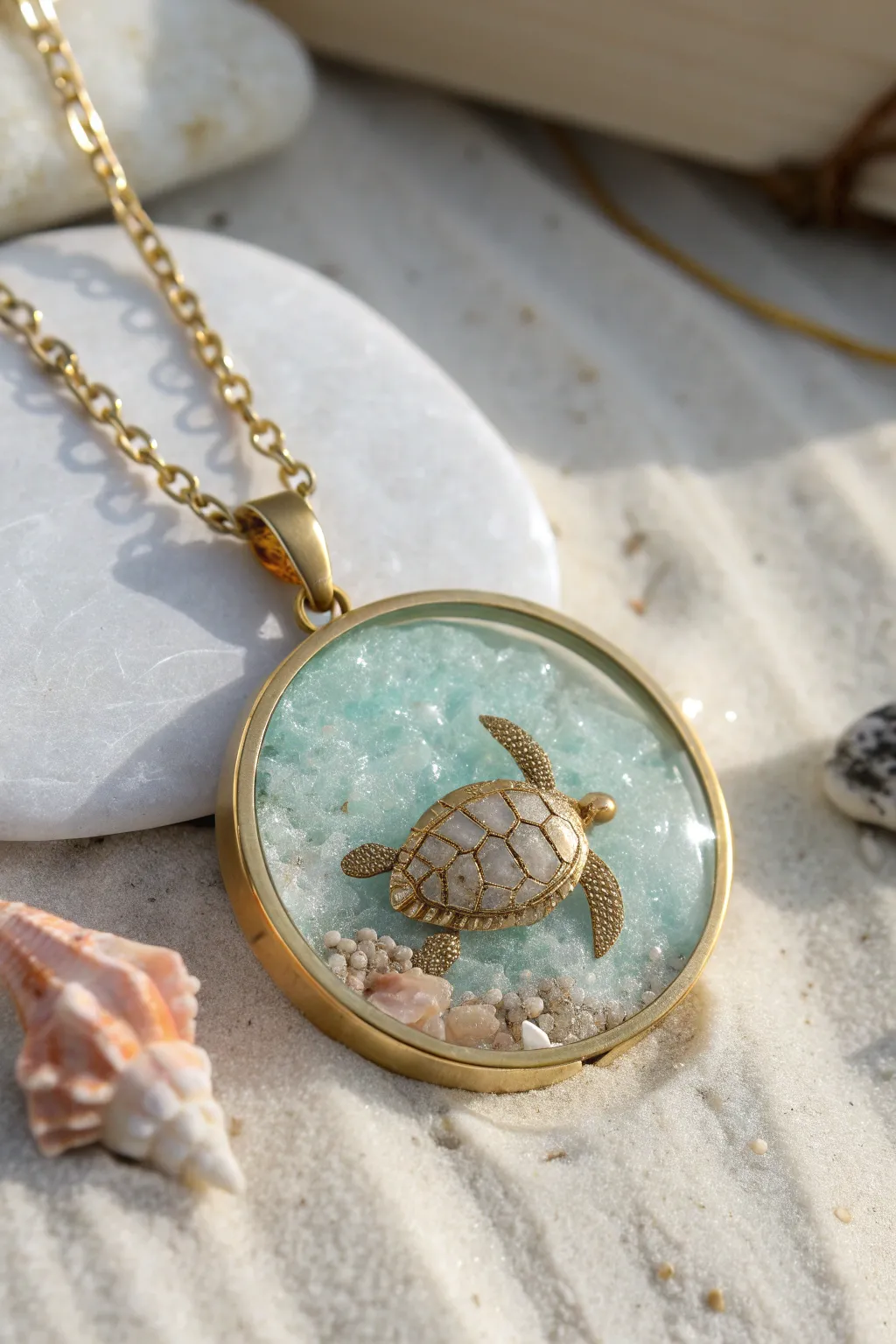 Open-bezel ocean pendant: clear resin with a tiny polymer clay sea creature floating inside.