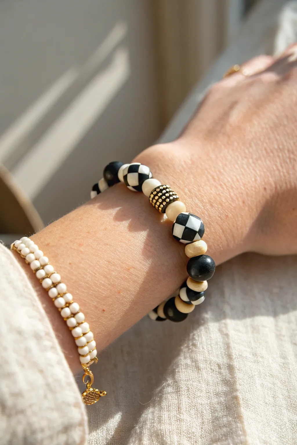 Graphic black-and-white polymer clay disc bracelet styled minimal on a wrist, crisp and modern.