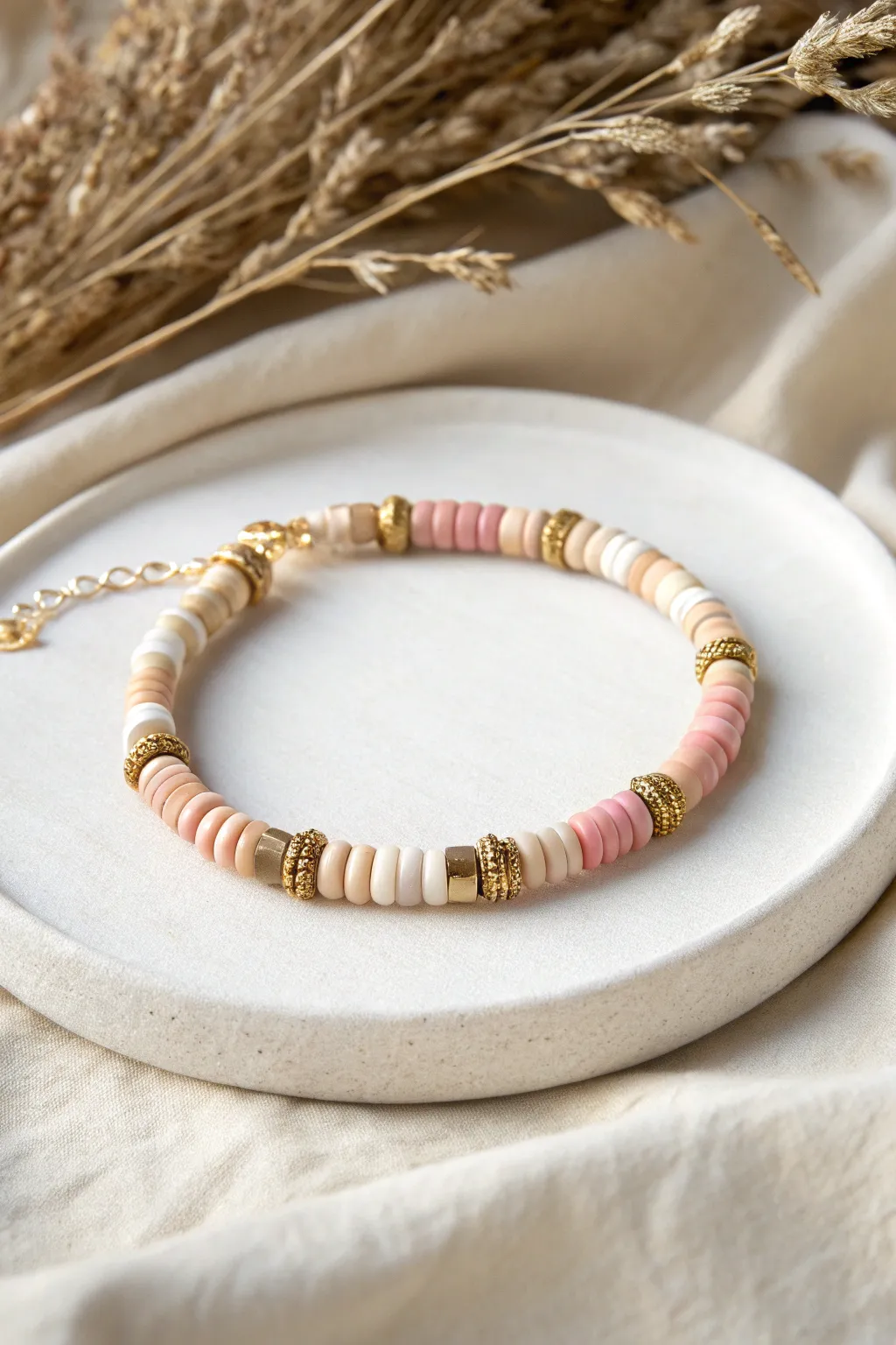Gold-tone spacer rhythm adds instant polish to matte heishi beads for a clean, modern look