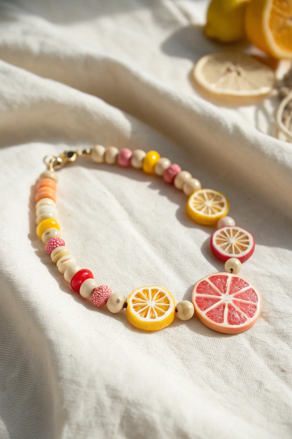 Playful fruit slice cane beads pop against neutral heishi beads in a bright minimalist bracelet.