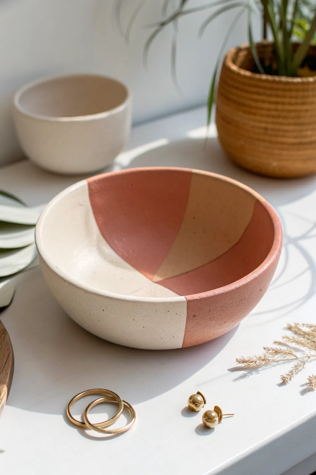 Modern color-block polymer clay bowl in warm neutrals, minimalist styling with a soft boho feel.