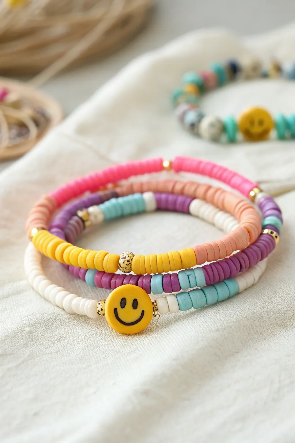 Bright heishi stack with one cheerful focal bead, minimal boho styling and crisp natural contrast