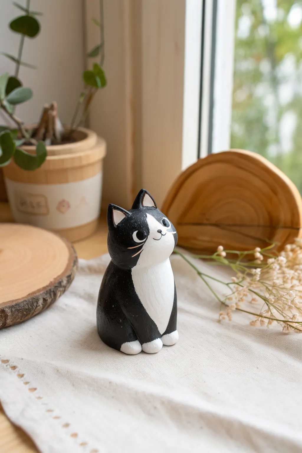 Minimalist polymer clay tuxedo cat mini with crisp white chest patch and tiny white paws