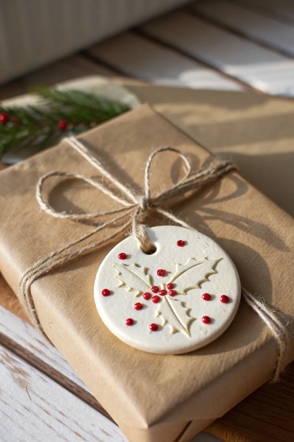 Minimal holly leaf polymer clay gift tag with red berries on kraft-wrapped present, softly lit