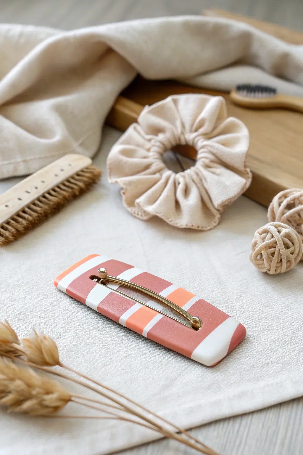 Minimalist polymer clay hair clip with playful stripes, styled simply for an easy DIY look