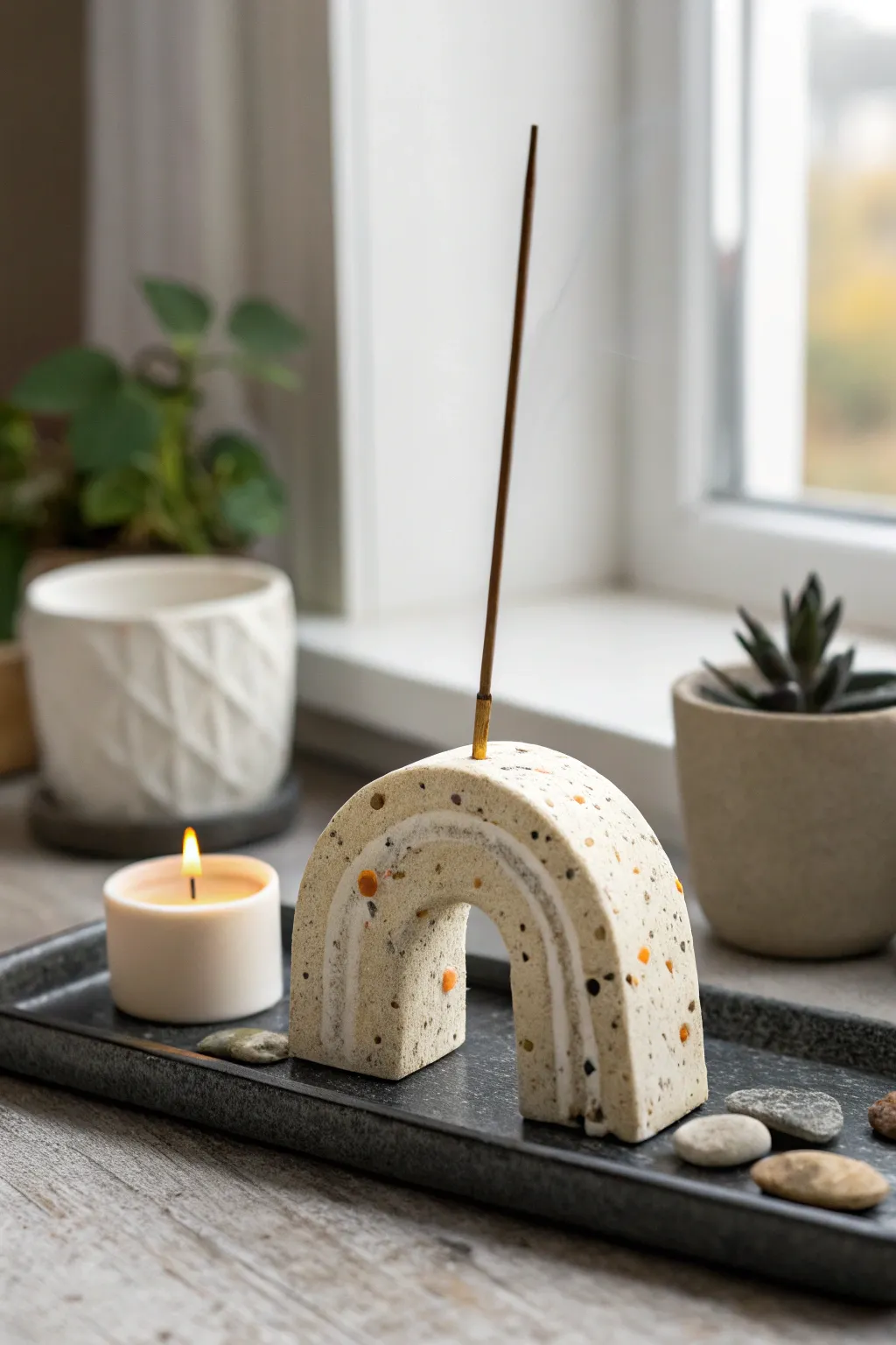 Bold arch polymer clay incense holder styled in calm spa tones for minimalist boho decor