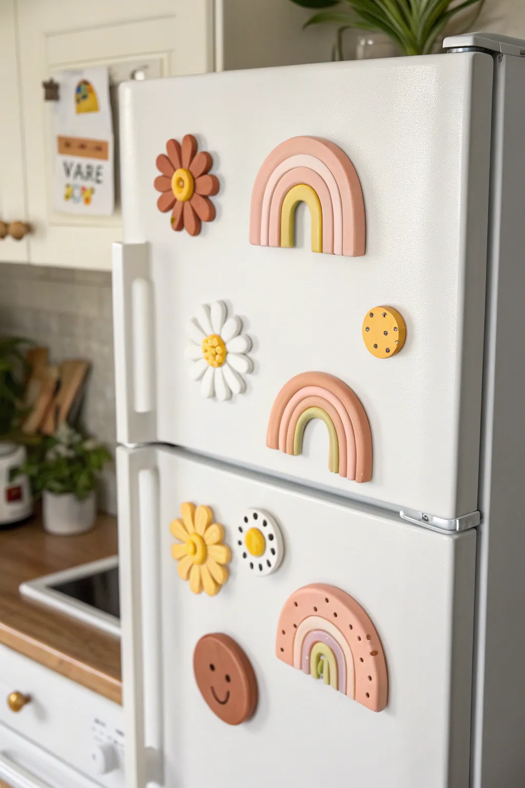 Bright polymer clay fridge magnets on a minimalist white fridge, cheerful and handmade.