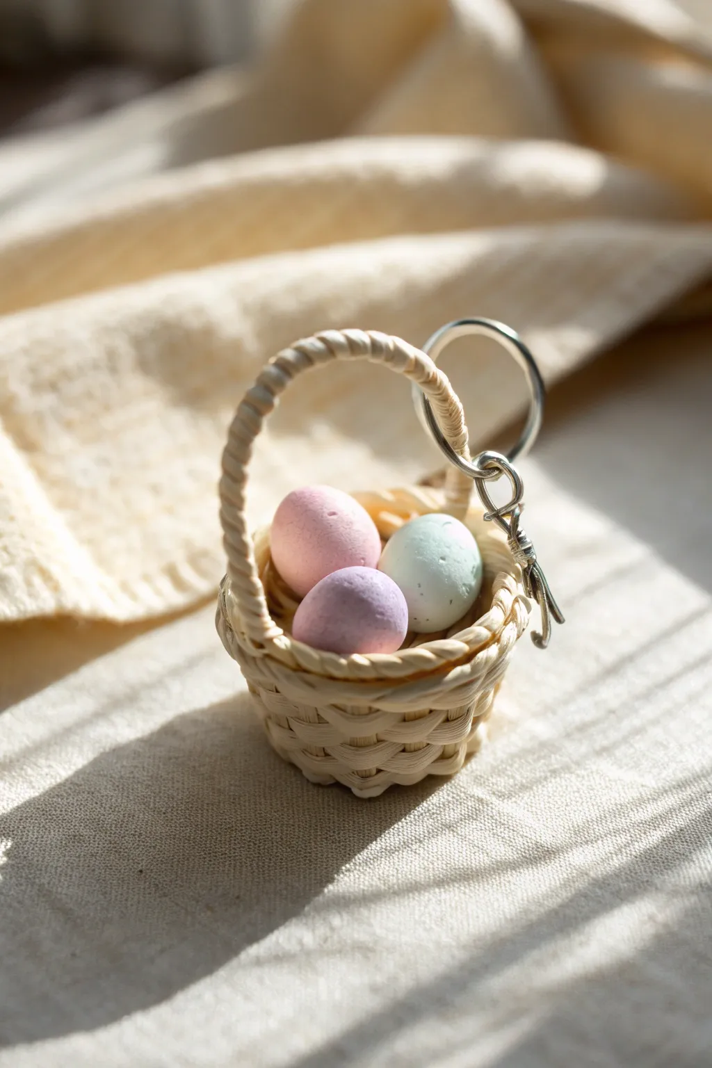 Mini polymer clay Easter basket charm with pastel eggs, minimal styling and cozy boho vibes.