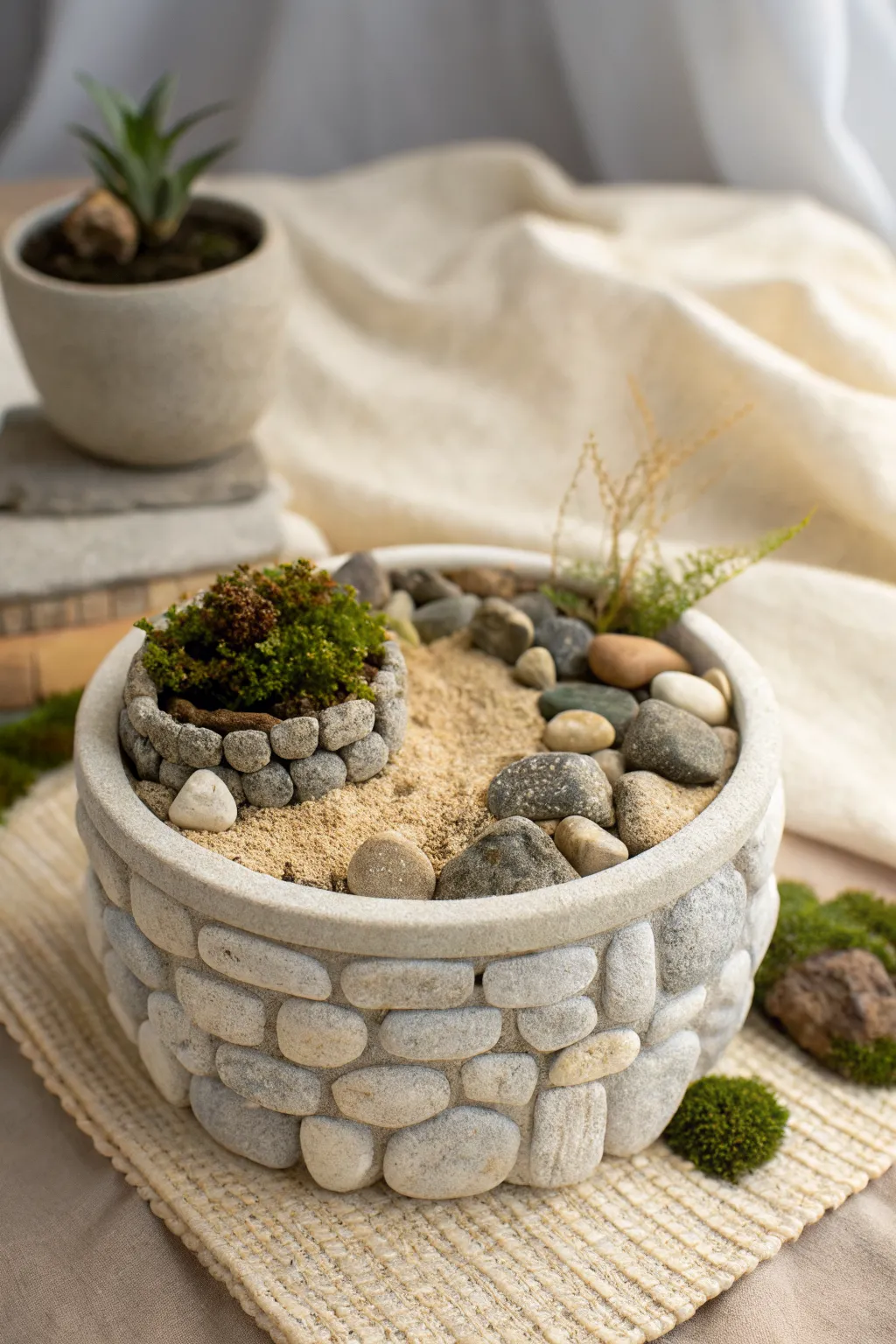 Soft polymer clay stone border adds a cozy fairy garden edge inside a simple pot.