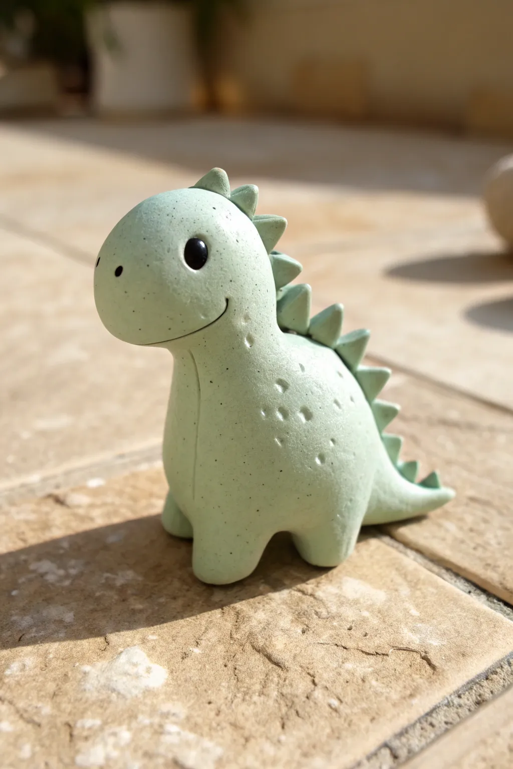 Mini polymer clay dino with tiny spikes, minimalist and sweet on a warm neutral backdrop