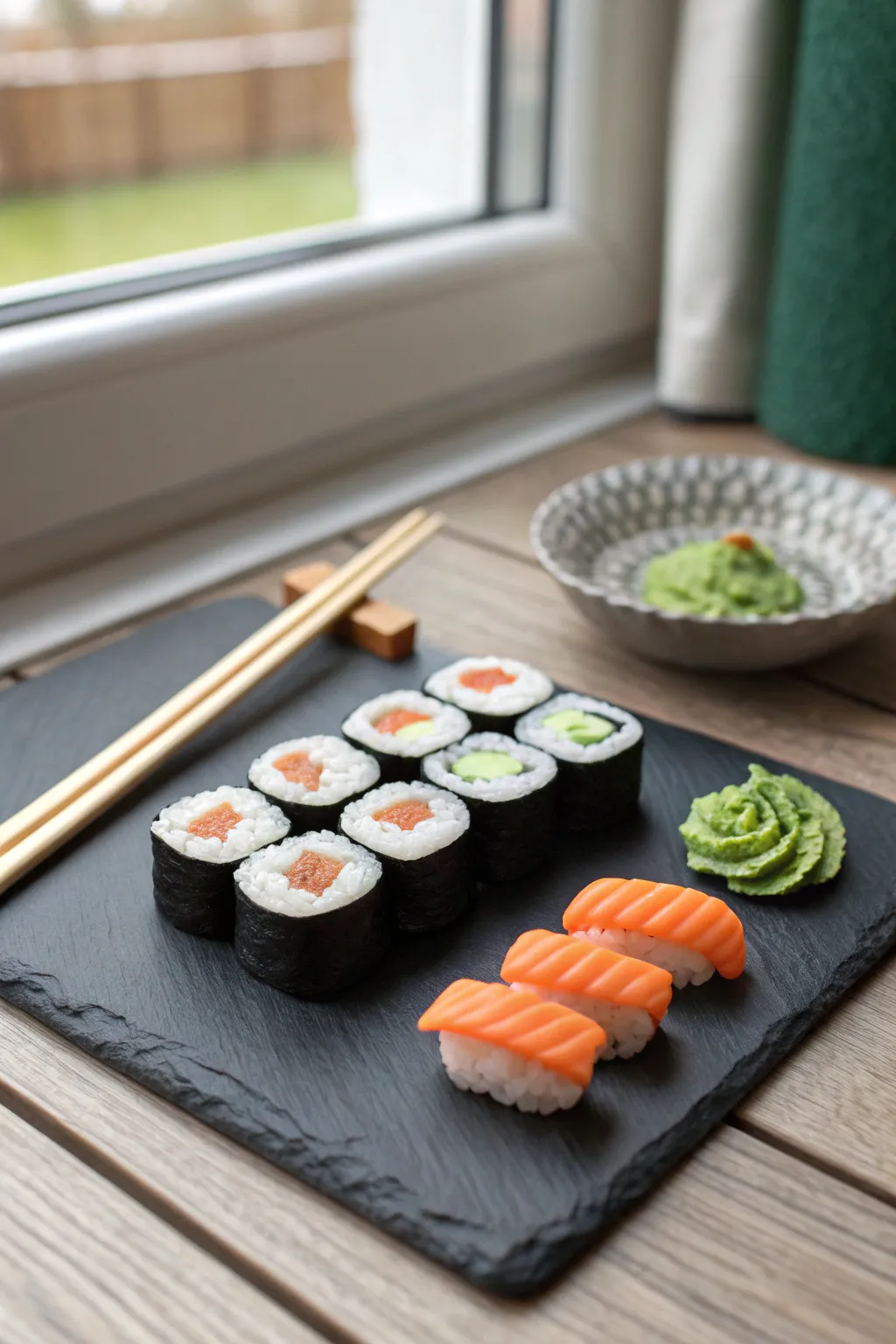 Mini polymer clay sushi set with crisp cane centers, styled on dark slate in minimalist boho mood.