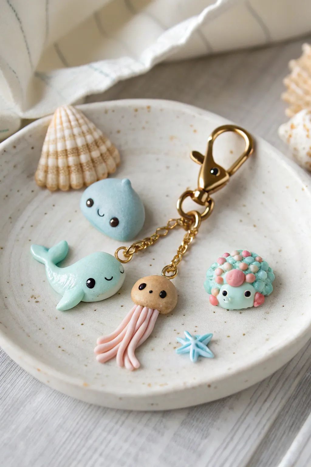 Cute ocean creature polymer clay charm set with a coin for scale in a minimalist, boho style.