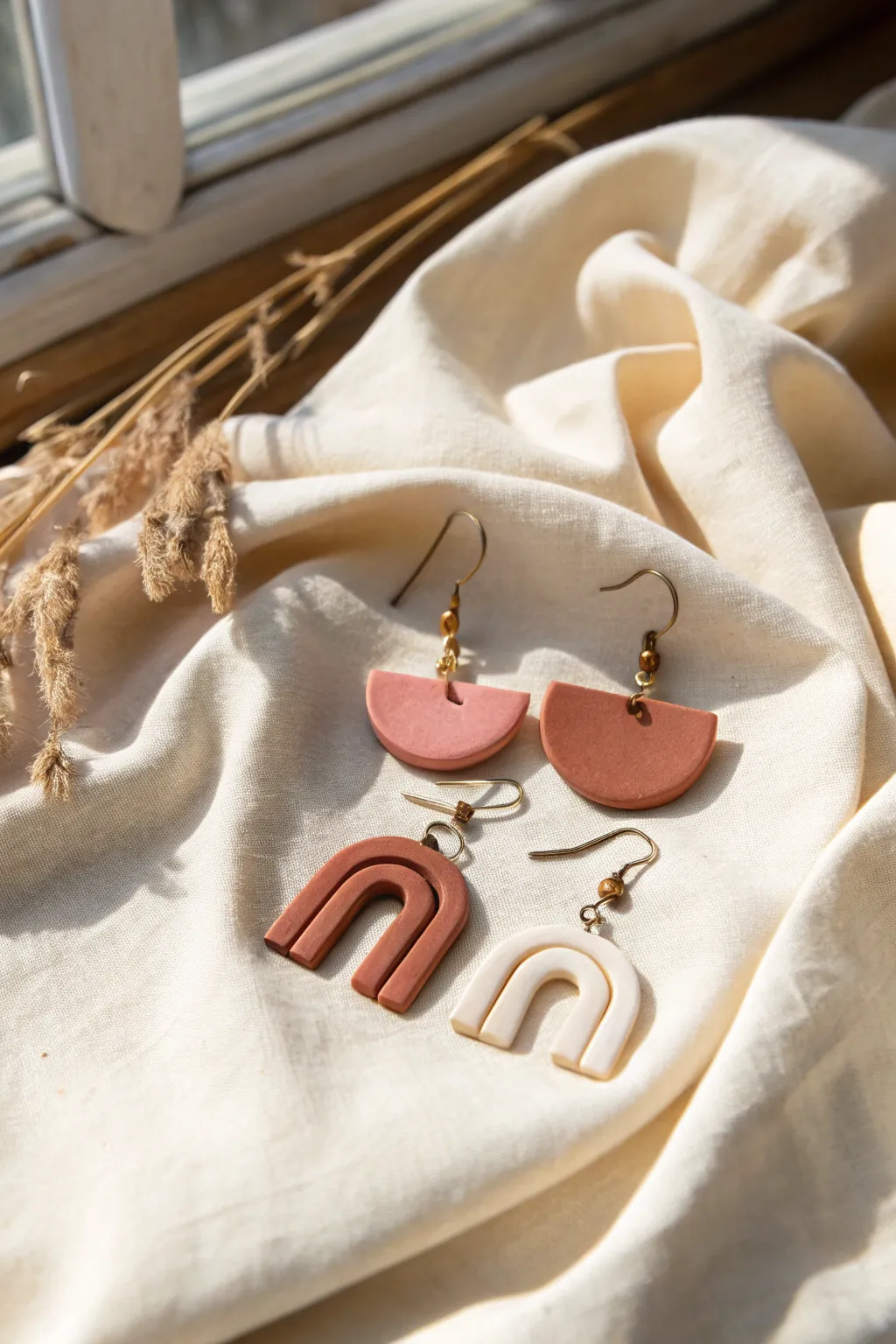 Modern arch and half-moon polymer clay earrings in matte neutrals, styled simply on linen