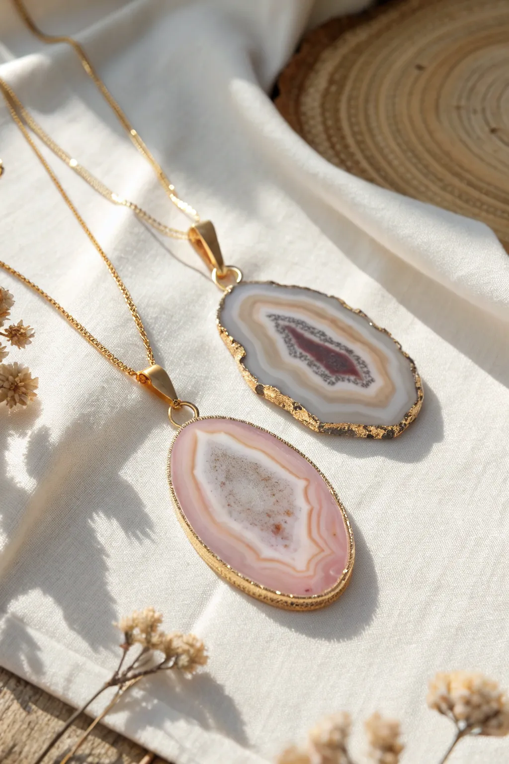 Minimal faux agate polymer clay pendants with soft banding and warm neutral tones