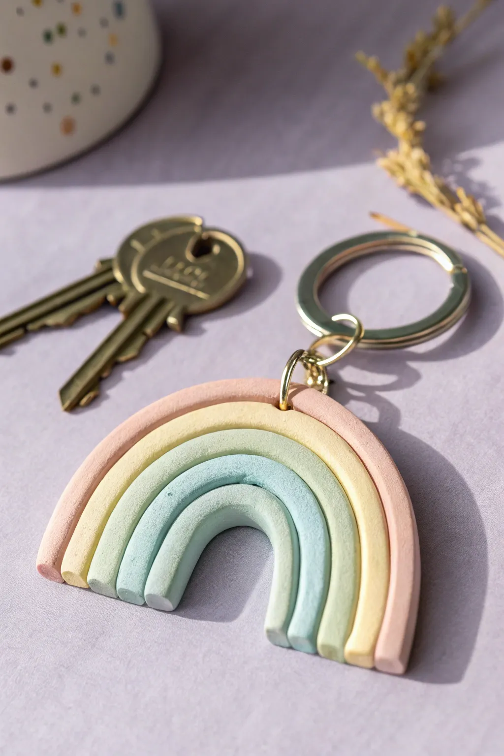 Muted pastel boho rainbow polymer clay keychain, minimalist and handmade, perfect DIY charm.