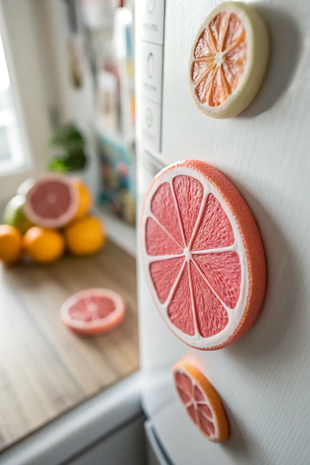 Grapefruit slice clay magnet with crisp segments, minimalist styling, and a bright color pop