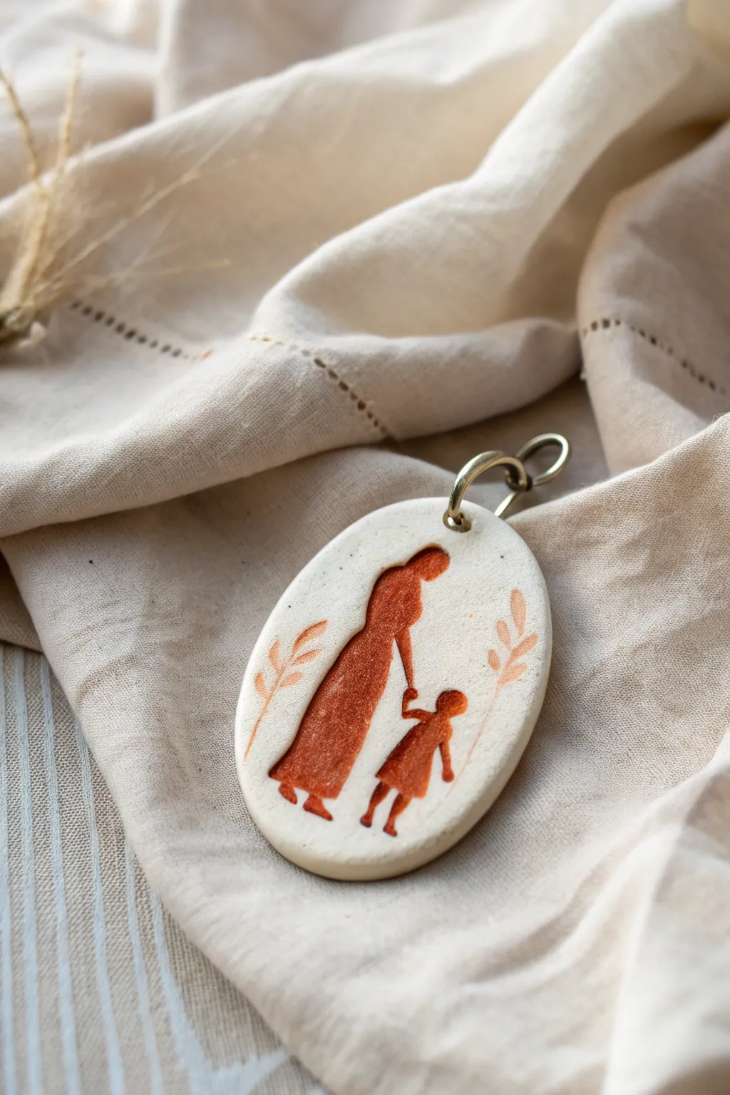 Minimalist polymer clay charm with mother and child silhouette, a sweet DIY Mothers Day gift.