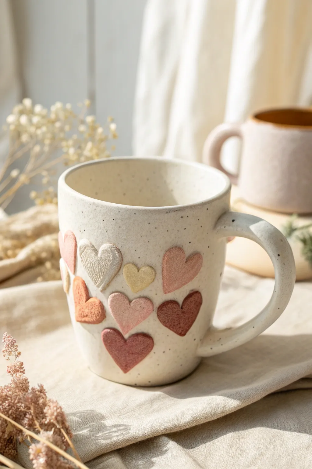 Puffy polymer clay hearts turn a simple mug into a sweet, minimalist Valentine gift.