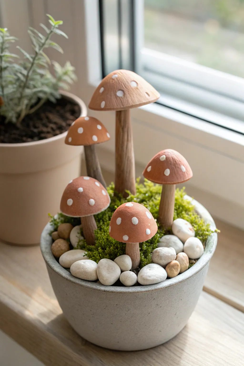 Cute polymer clay mushroom plant stakes clustered in a minimalist pot, earthy tones and cozy contrast.