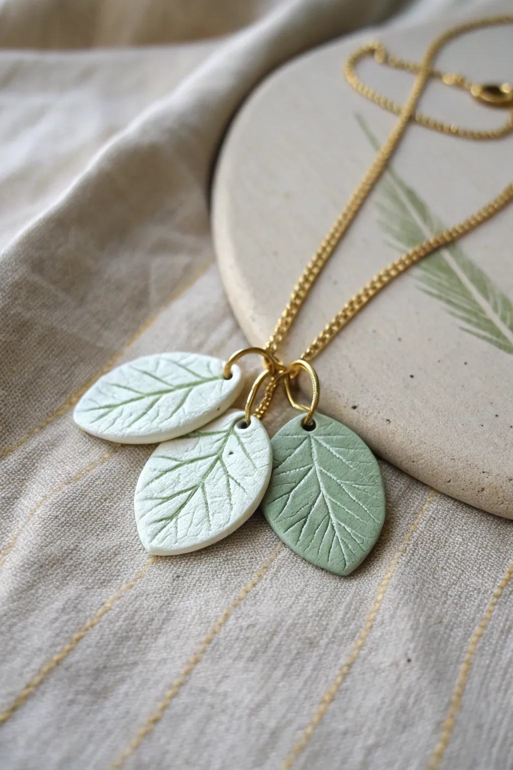 Botanical leaf-imprint polymer clay charms in a simple cluster necklace on textured linen.