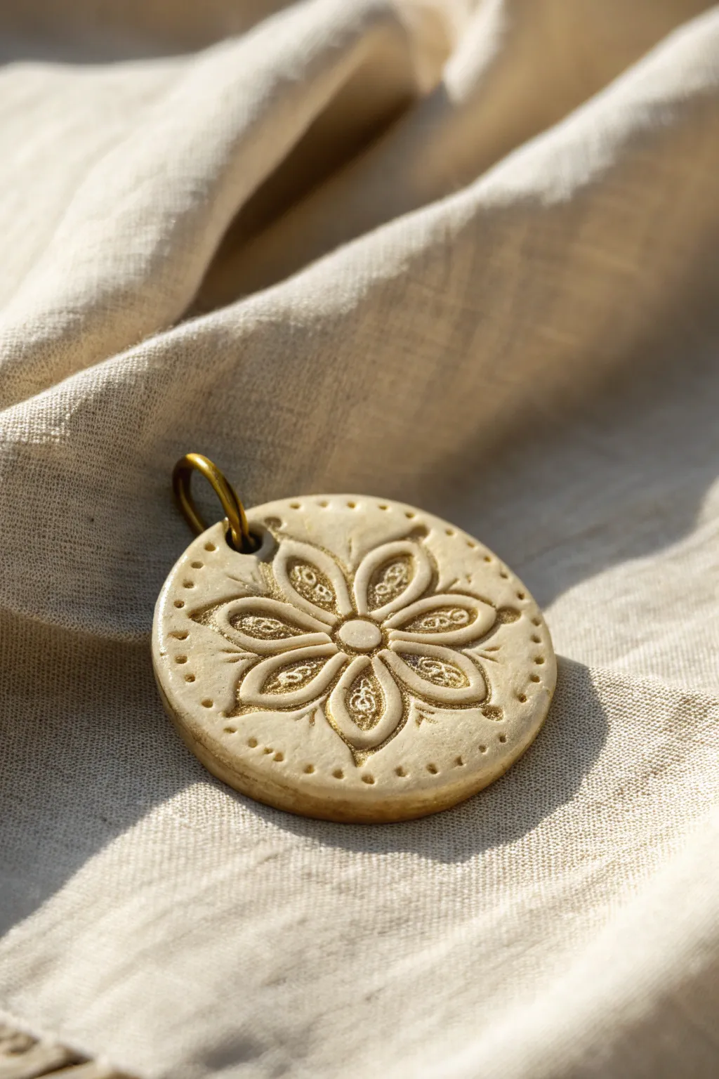 Stamped floral medallion polymer clay pendant with soft antique finish on neutral linen.