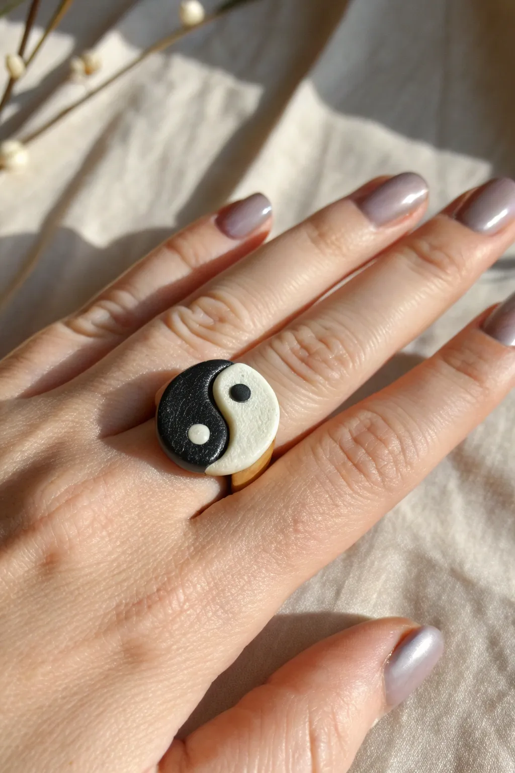 Yin-yang split color polymer clay ring in minimalist tones for an easy, modern DIY look