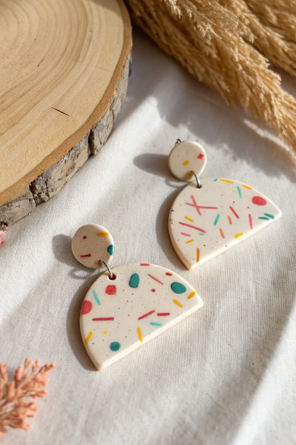 Cheerful confetti sprinkle slab earrings with a minimalist Scandinavian, boho feel.