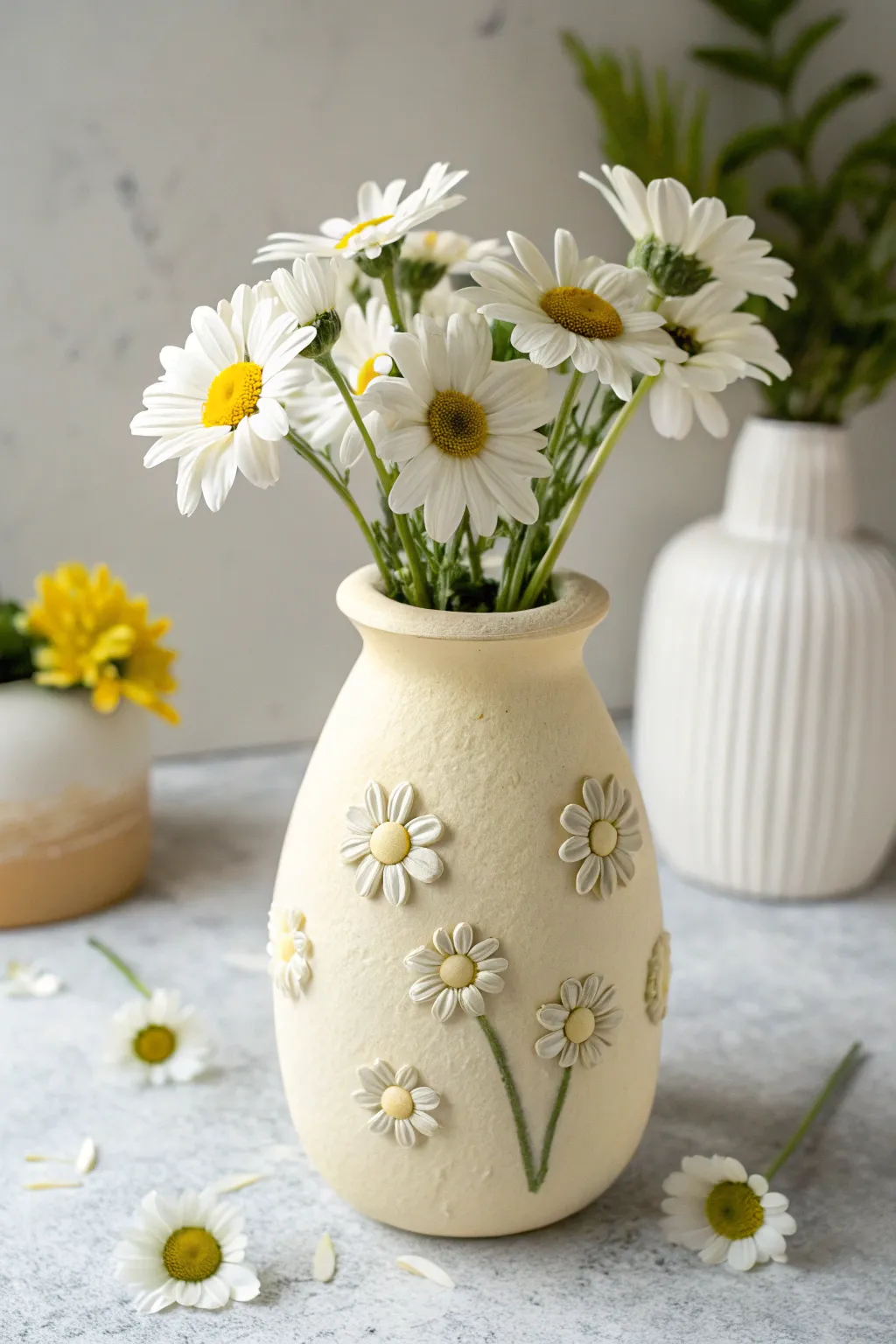 Simple daisy appliqué polymer clay vase with cheerful blooms, minimalist and softly boho