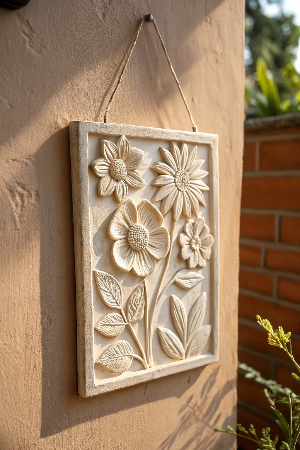 High-relief polymer clay floral wall plaque in soft neutrals, minimalist boho texture and shadows.