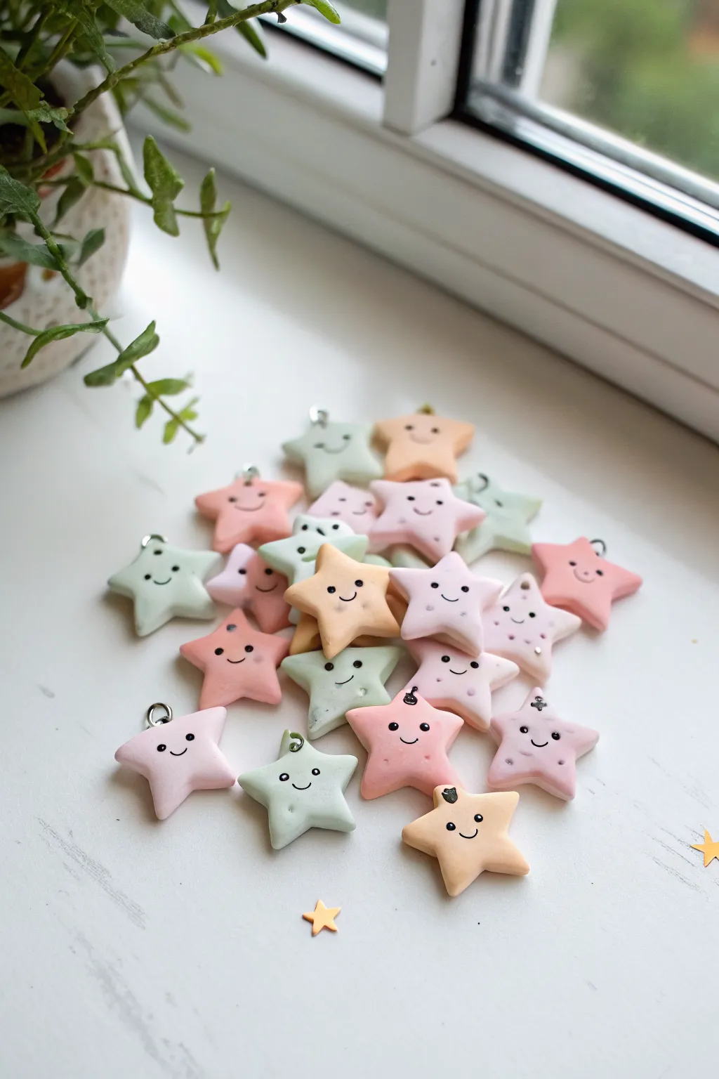 Pastel star and moon polymer charms with tiny faces, styled like confetti on crisp white.