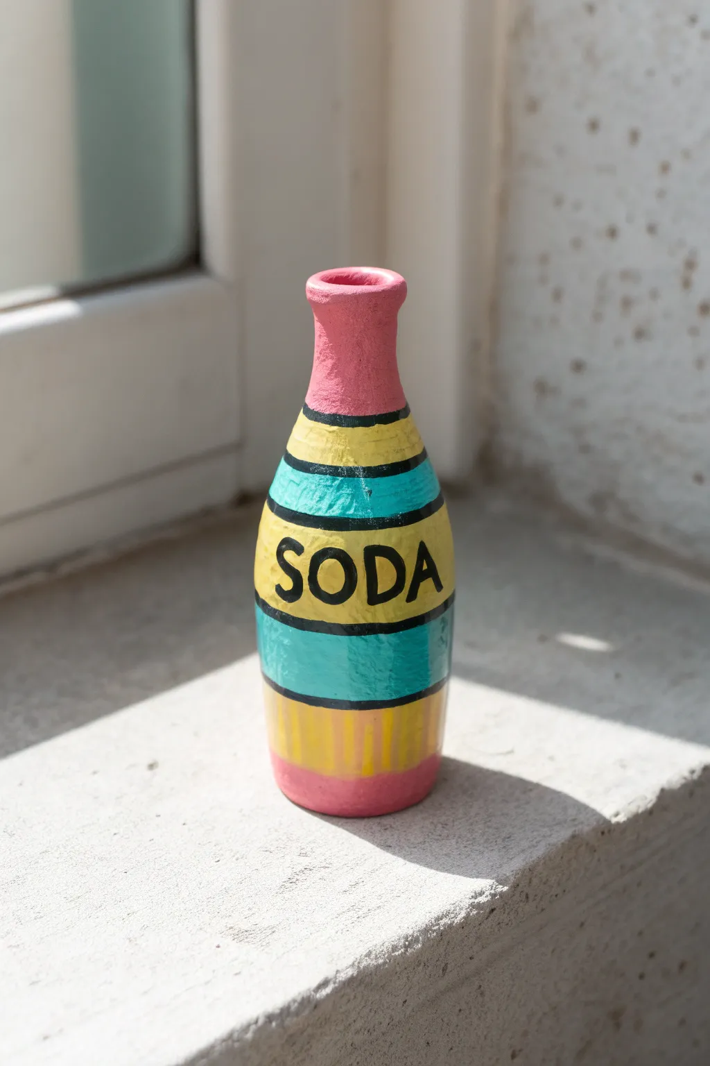 Neon pop art soda bottle bud vase in clay, minimal Scandinavian styling with bold contrast