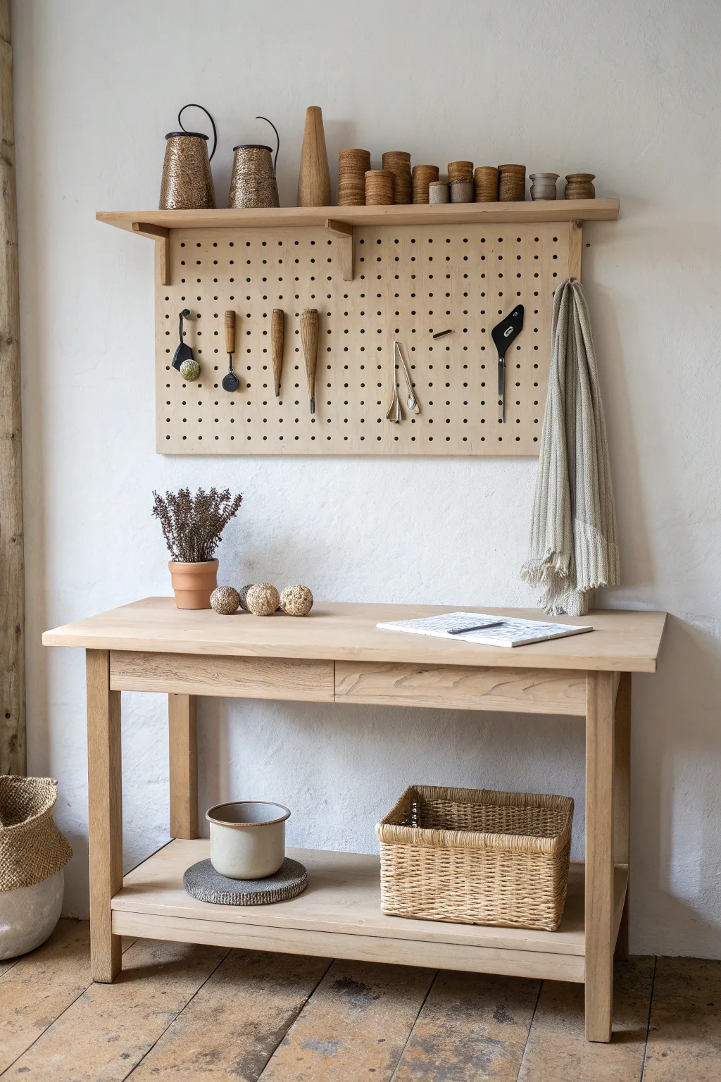 Minimal potters bench with pegboard tool wall for a tidy, calming studio corner
