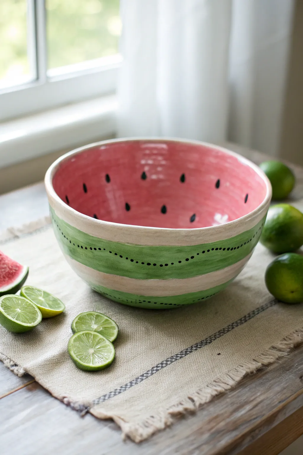 Bright watermelon trompe loeil bowl with green stripes and pink seeds, styled in calm Nordic light