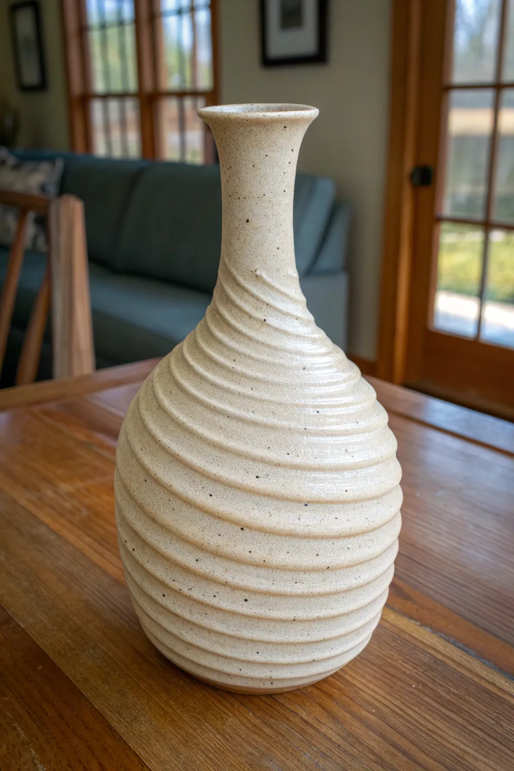 A ribbon-like spiral carve adds movement and texture to a minimalist bottle vase.