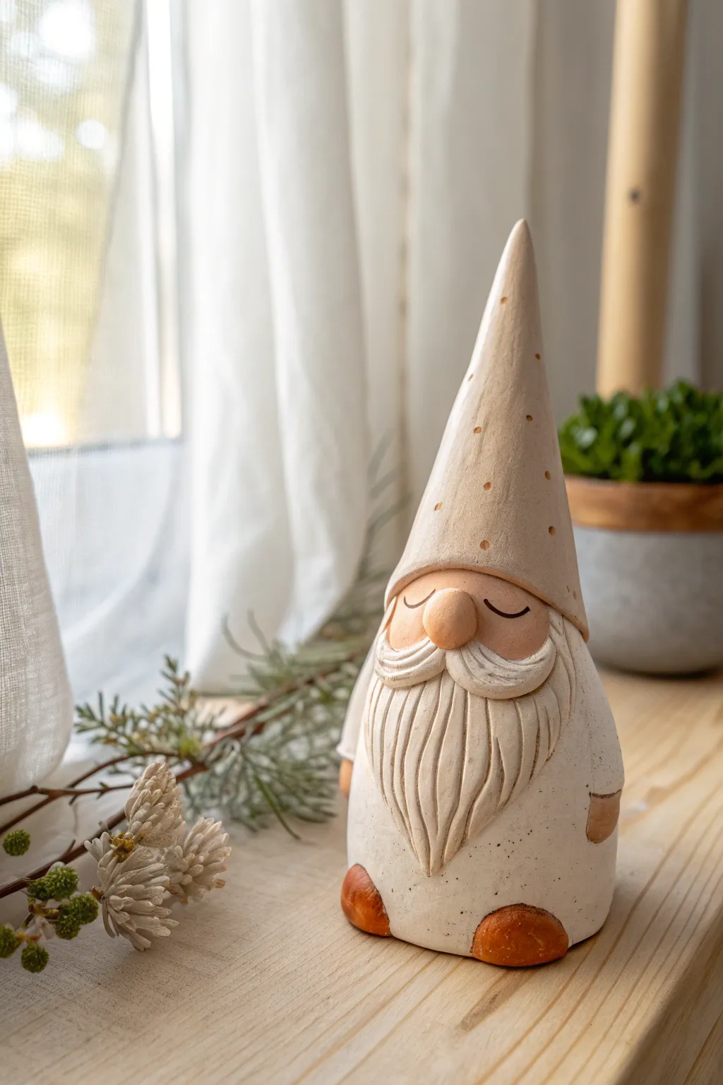 Minimal no-eyes clay gnome with simple beard and neutral glaze for calm Scandinavian decor