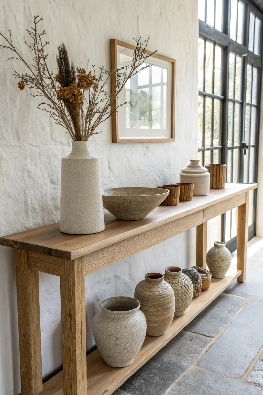 Create a calm mantel gallery line with pottery heights fading from tall statement pieces to petite forms.