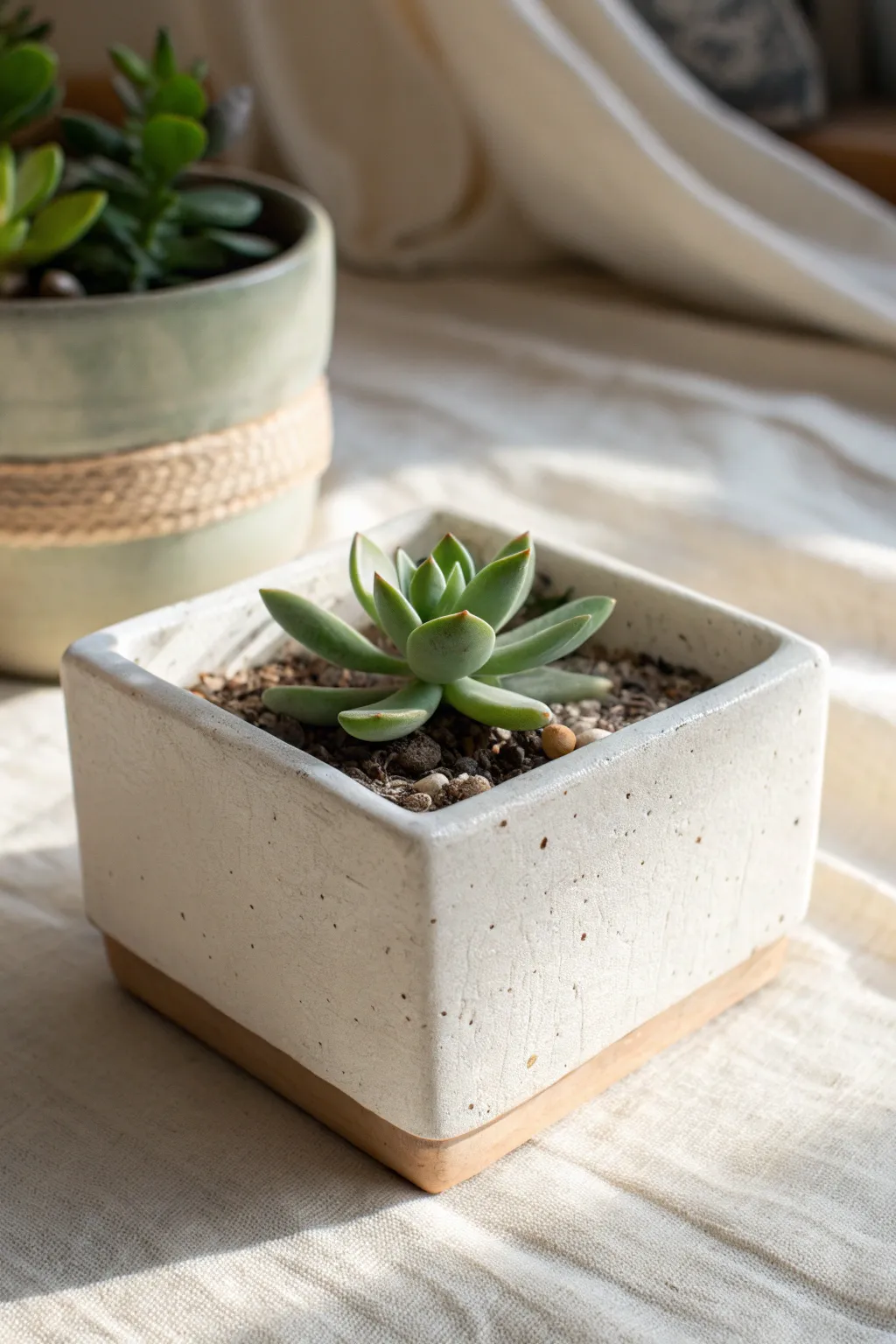 Clean-corner slab planter box, simple matte glaze and a tiny plant for an easy no-wheel win