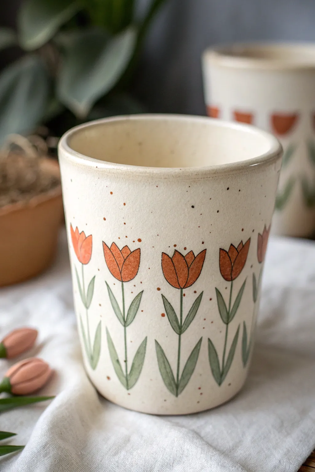 Clean tulip rows on a matte white tumbler, a modern floral pottery painting idea.